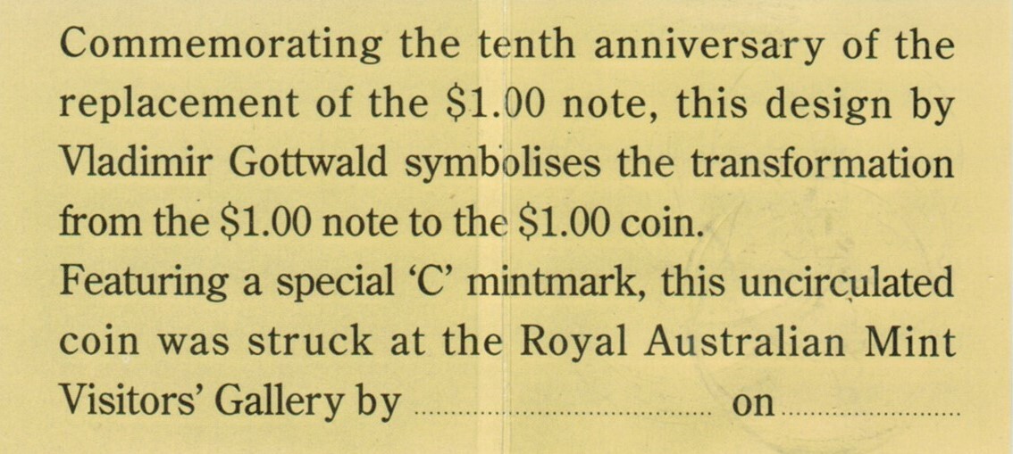 1994 $1 'C' Mintmark  Royal Australian Mint Visitors' Gallery Issue