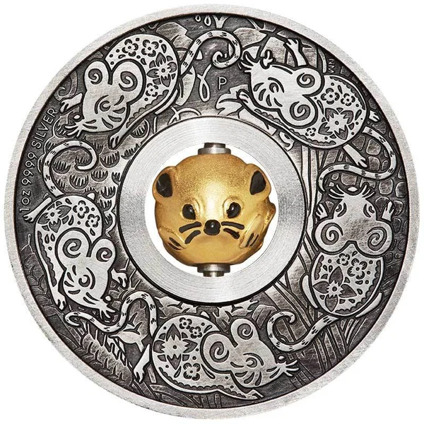 2020 1oz Year of the Rat/Mouse - Rotating Charm Silver Antiqued Coin