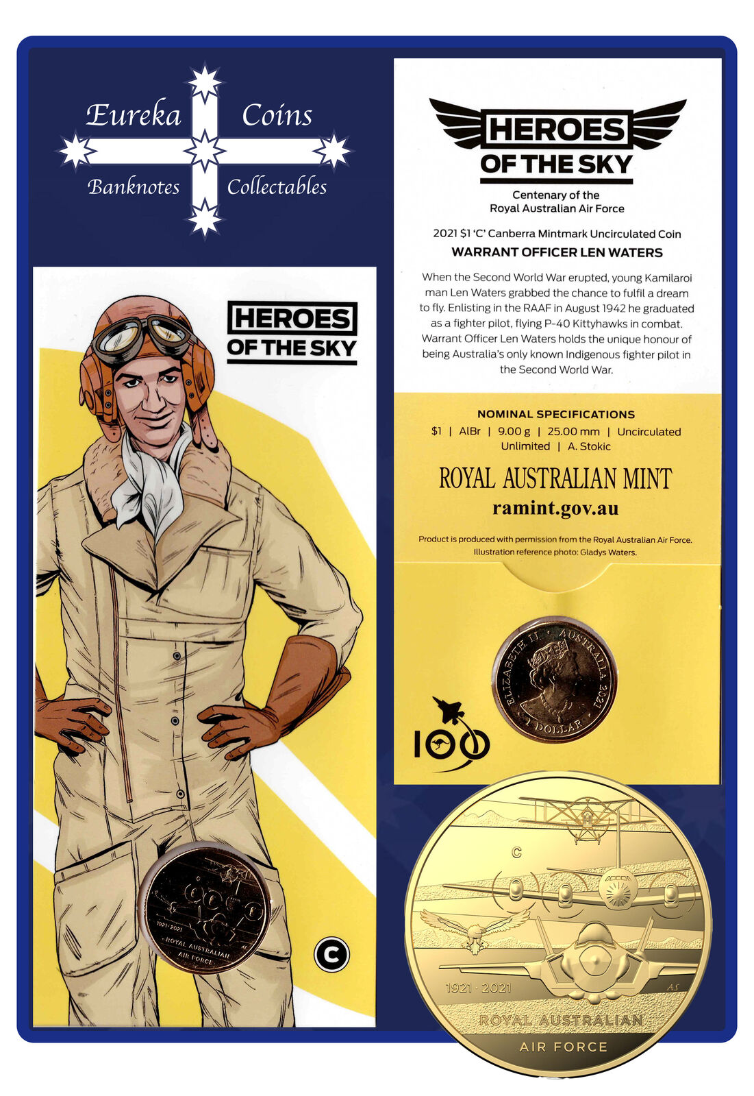 2021 $1 Heroes of the Sky "C" Mintmark Uncirculated Carded Coin