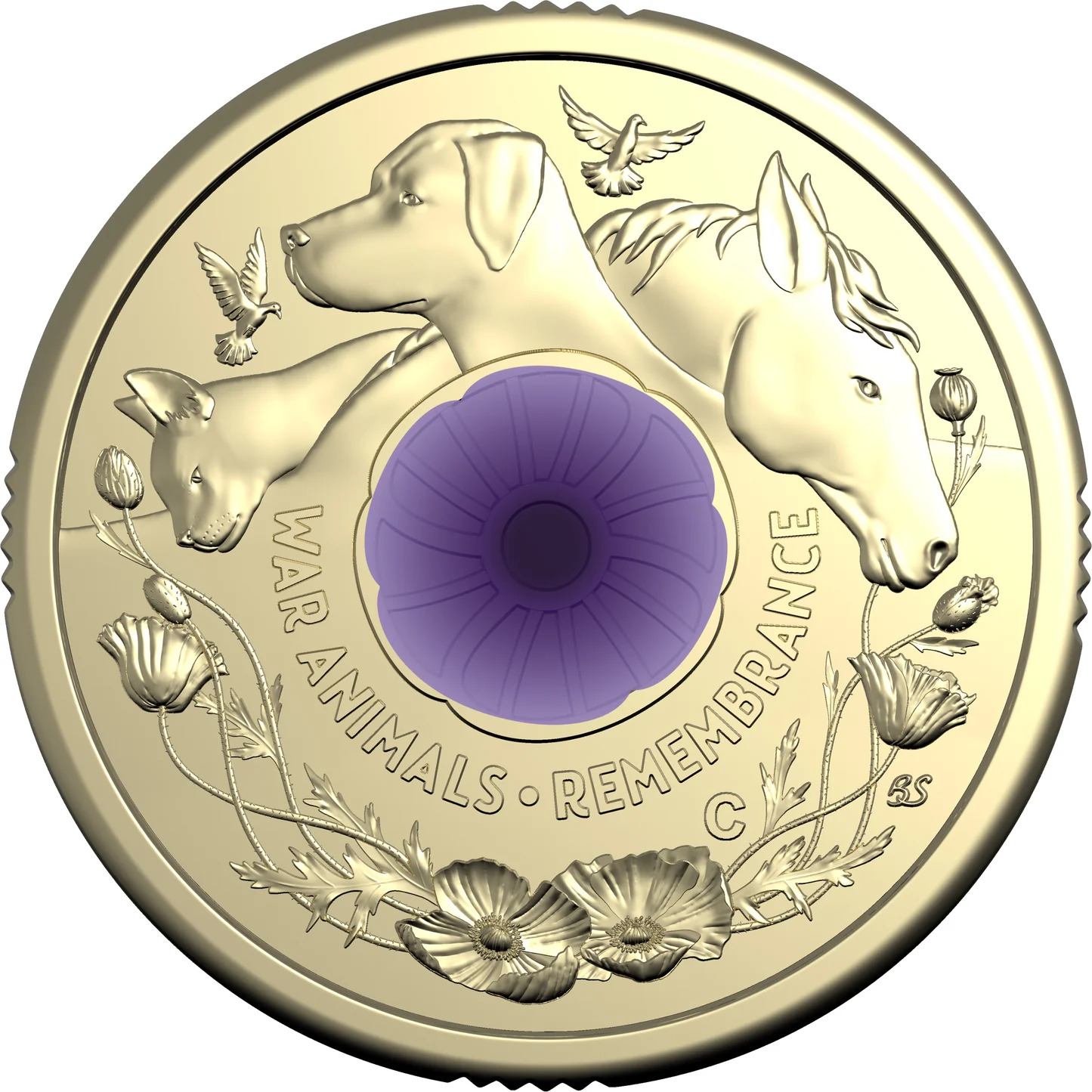 2024 C Mintmark Purple Poppy - War Animals Remembrance Two Dollars