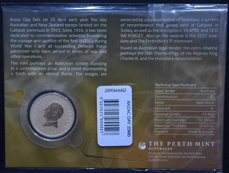 2025 $1 Perth Mint Anzac Day Carded Coin