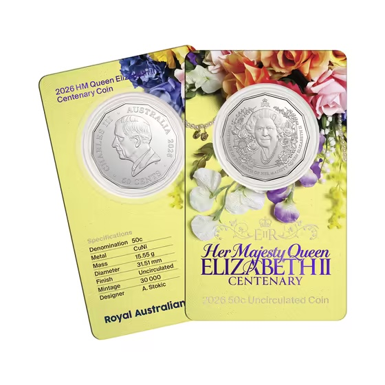 2026 50c HM Queen - Centenary of Birth Carded Coin