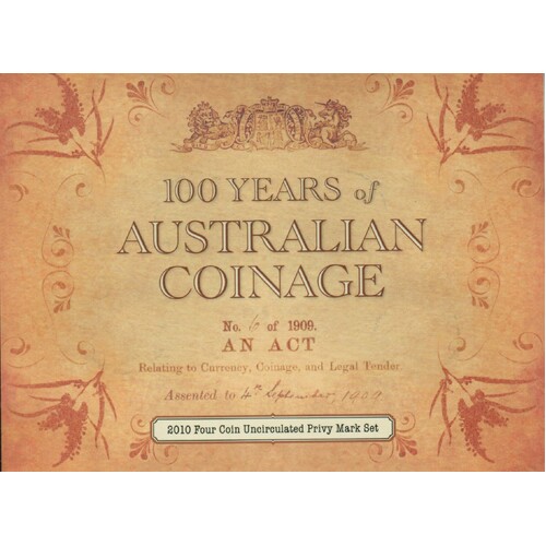 2010 - 100 years of Australian Coinage 4 X Privy Mark set One Dollar