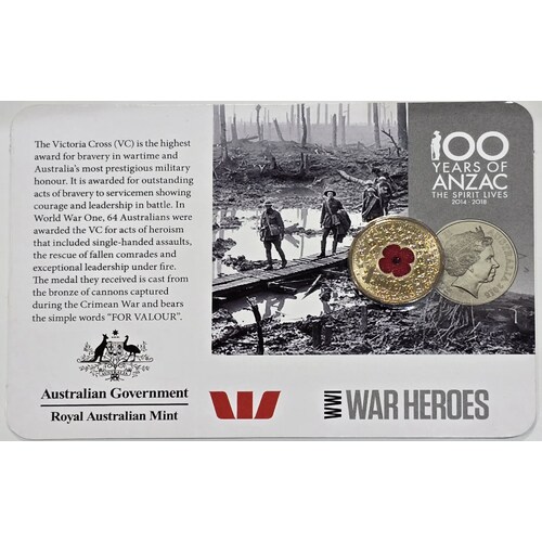 2015 $1 WWI War Heroes Red Poppy coin on card