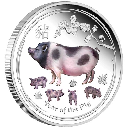 2019 1oz Year of the Pig Coloured Silver Proof